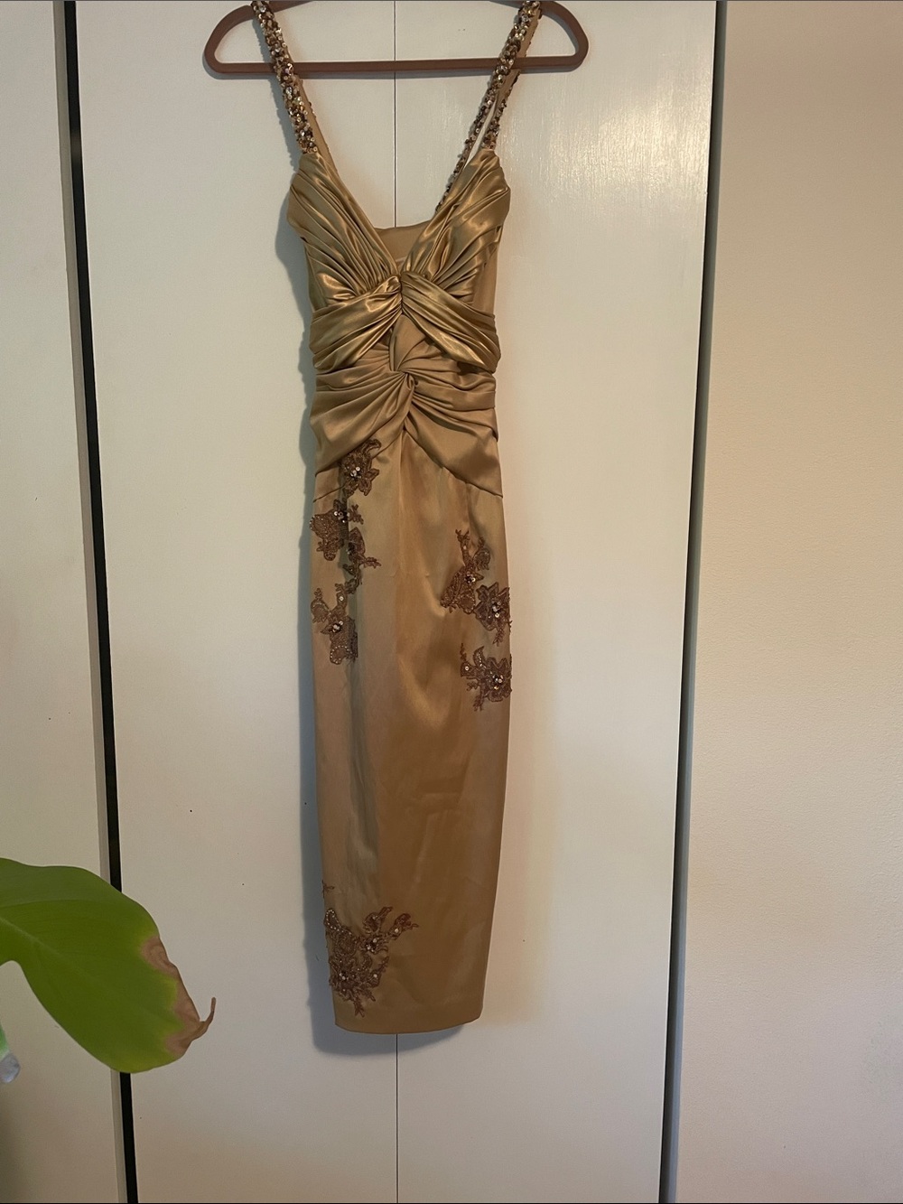 Y2K Mandalay Gold Embellished Satin Midi Dress with Beaded Straps size 10